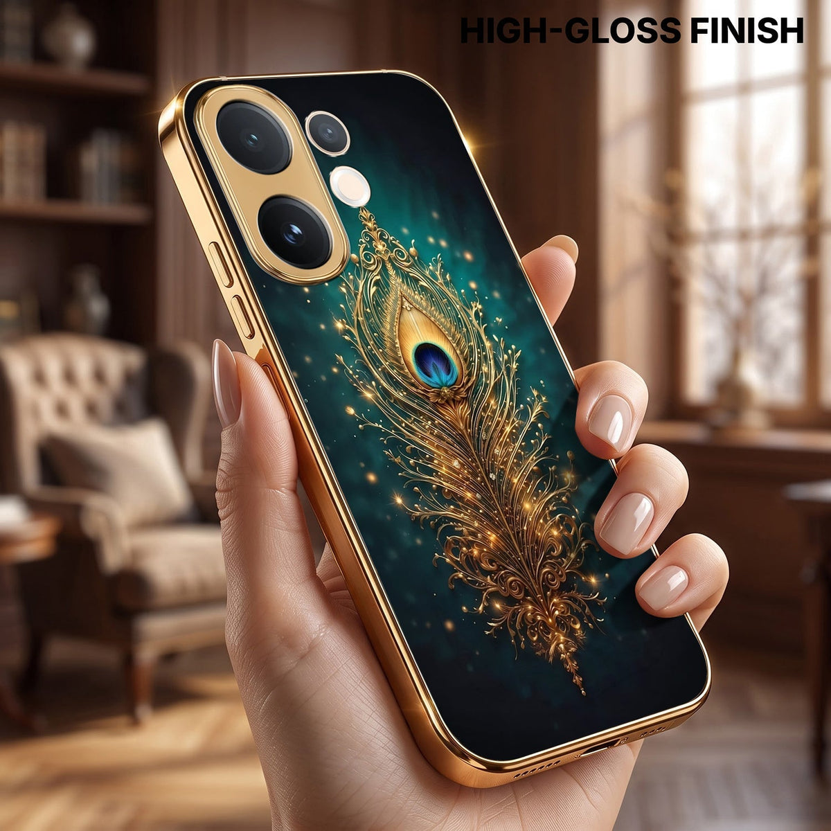 Vivo V60 5G Golden Peacock Feather Gold Electroplated Glass Phone Back Case