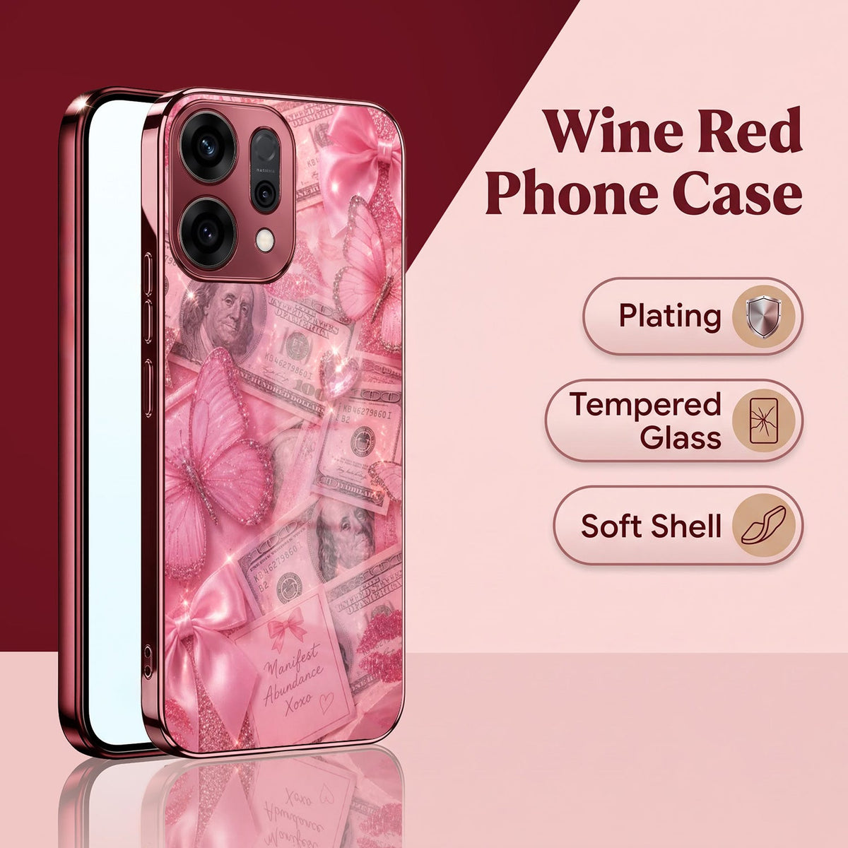 Oppo Reno 14 5G Luxury Dollar Butterfly Pink Electroplated Glass Phone Back Case