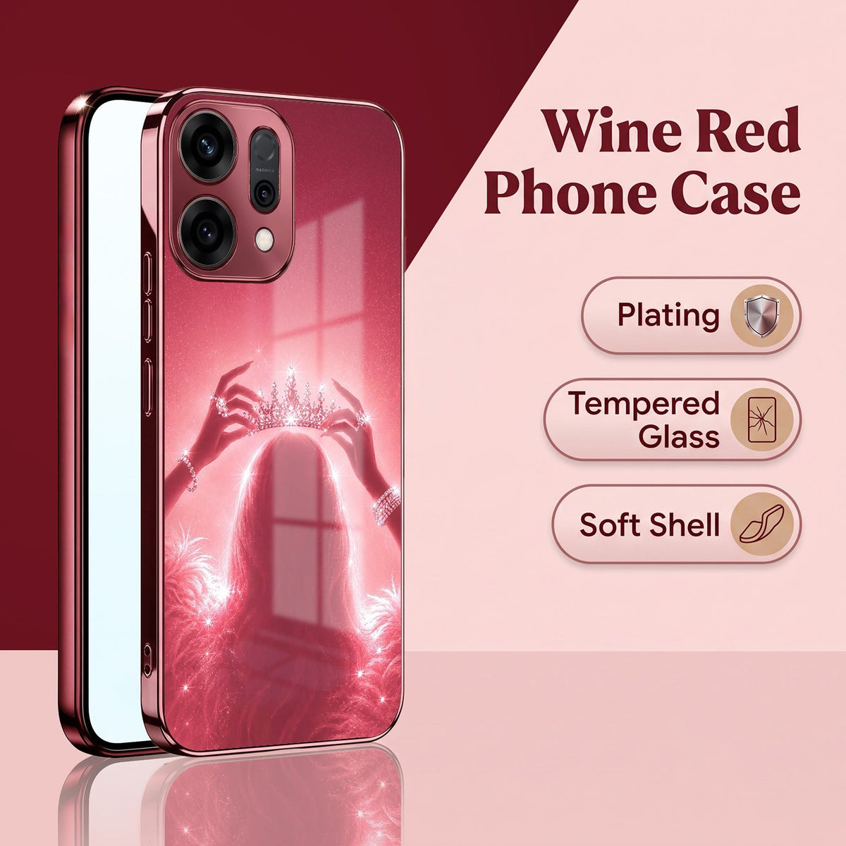 Oppo Reno 14 5G Luxury Crown Queen Pink Electroplated Glass Phone Back Case