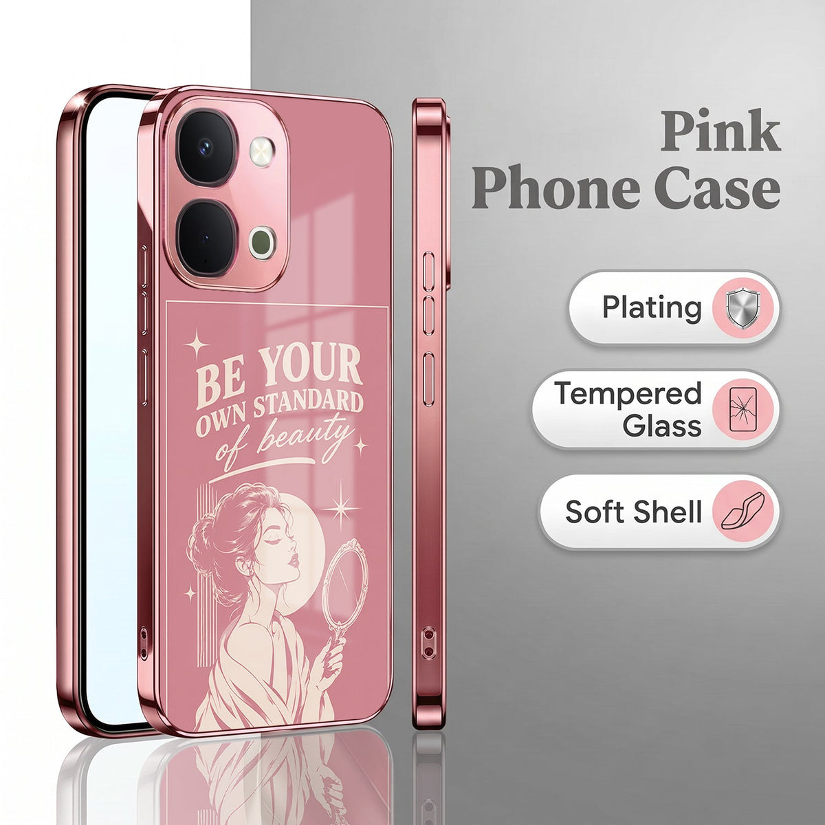 Vivo T5x 5G Luxury Aesthetic Girl Pink Electroplated Glass Phone Back Case