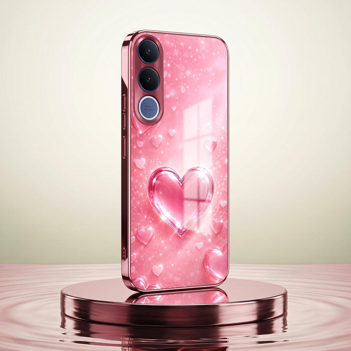 Vivo V70 FE 5G Luxury 3D Jelly Heart Pink Electroplated Glass Phone Back Case