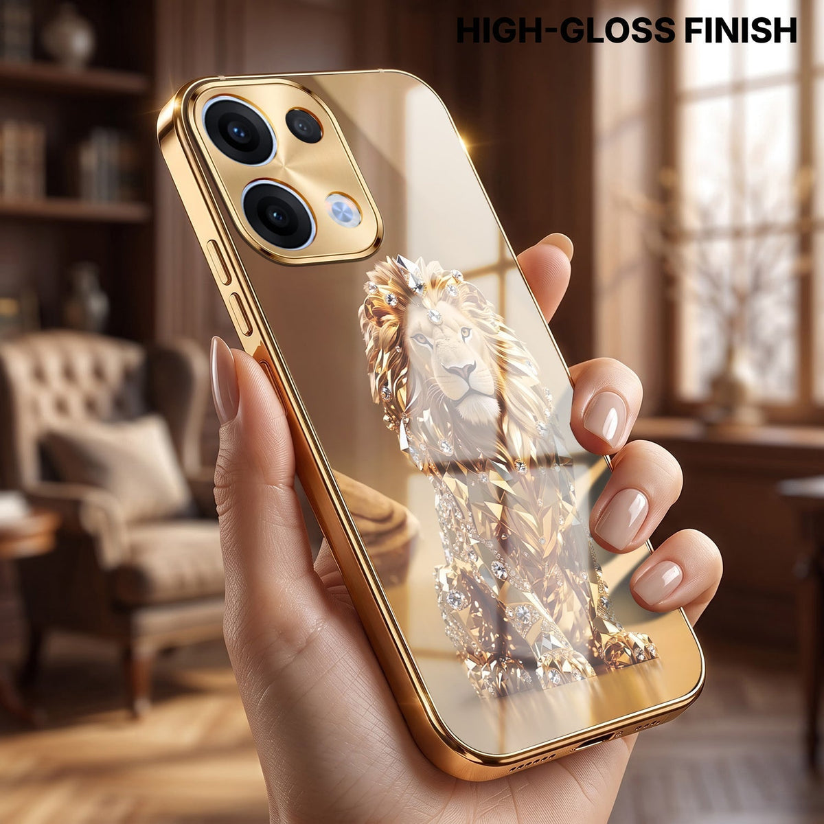 Oppo Reno 13 5G Luxury Lion Gold Electroplated Glass Phone Back Case