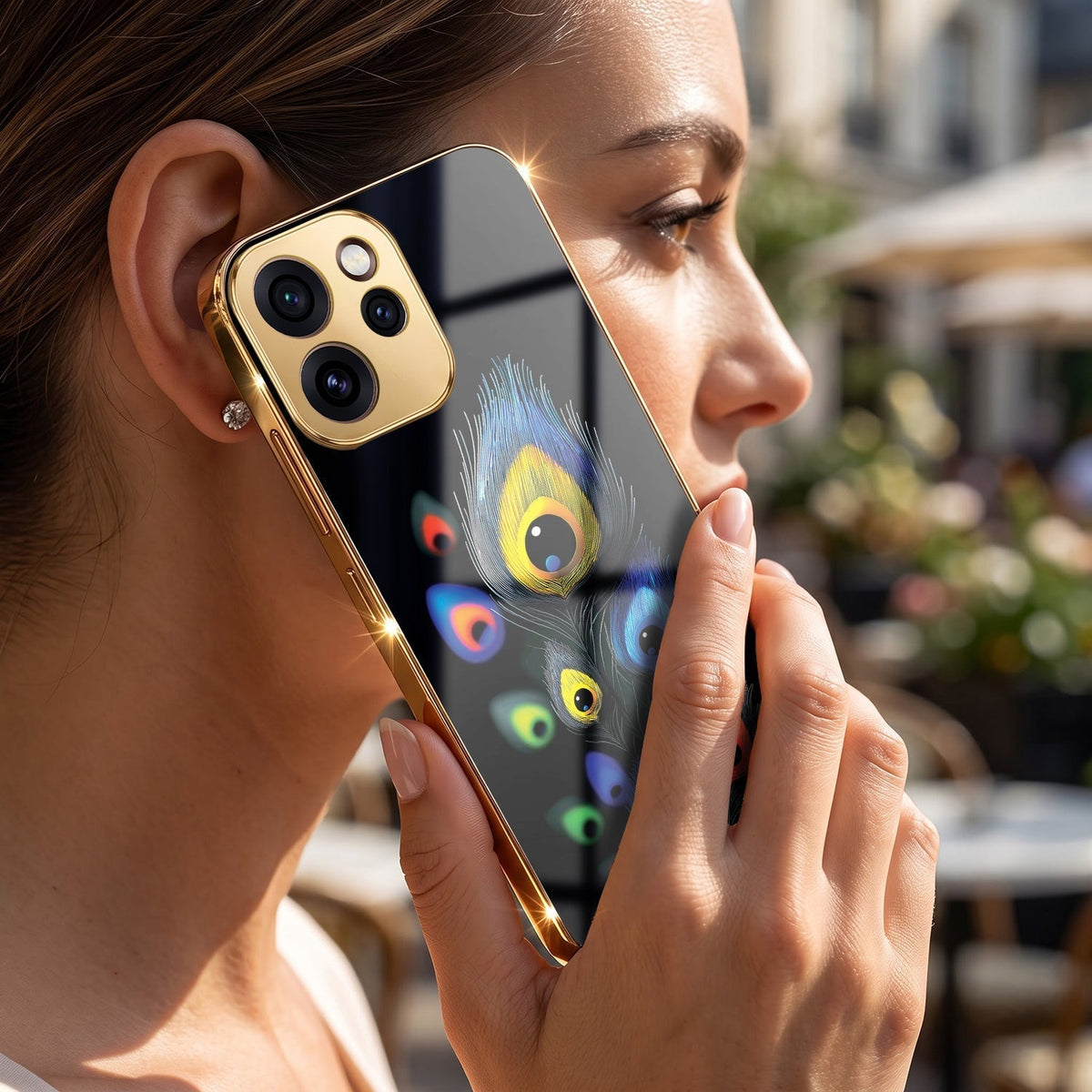 Oppo Reno 15 Pro Mini 5G Multi-Feather Peacock Gold Electroplated Glass Phone Back Case