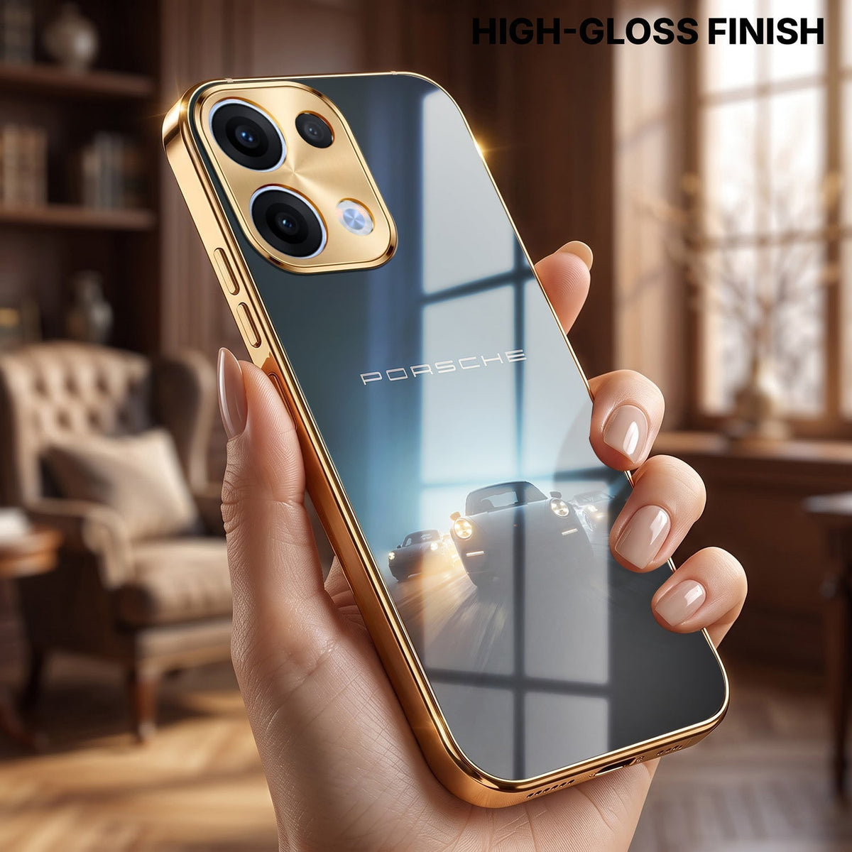Oppo Reno 13 5G Porsche Luxury Gold Electroplated Glass Phone Back Case