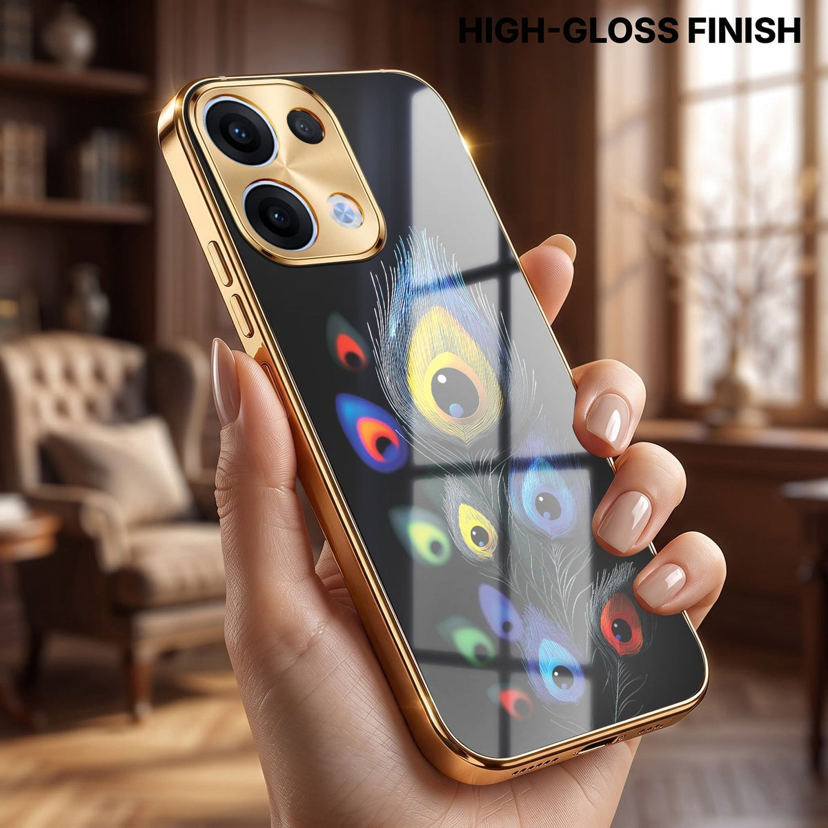 Oppo Reno 13 5G Multi-Feather Peacock Gold Electroplated Glass Phone Back Case