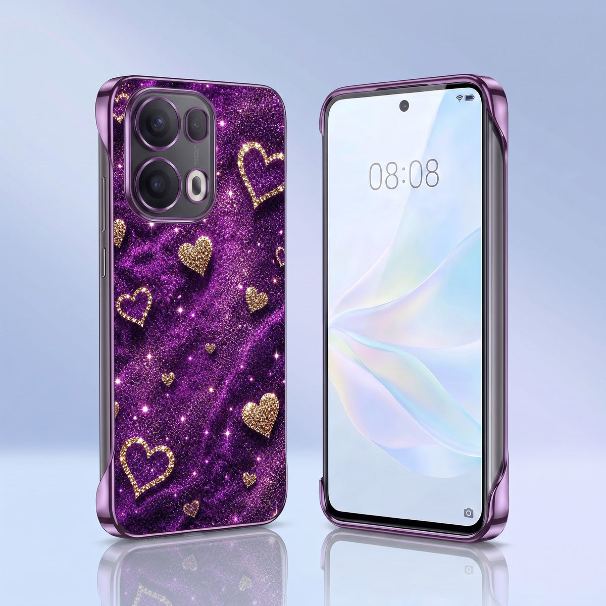 Oppo Reno 13 Pro 5G Glitter Hearts Purple Printed Frameless Back Case