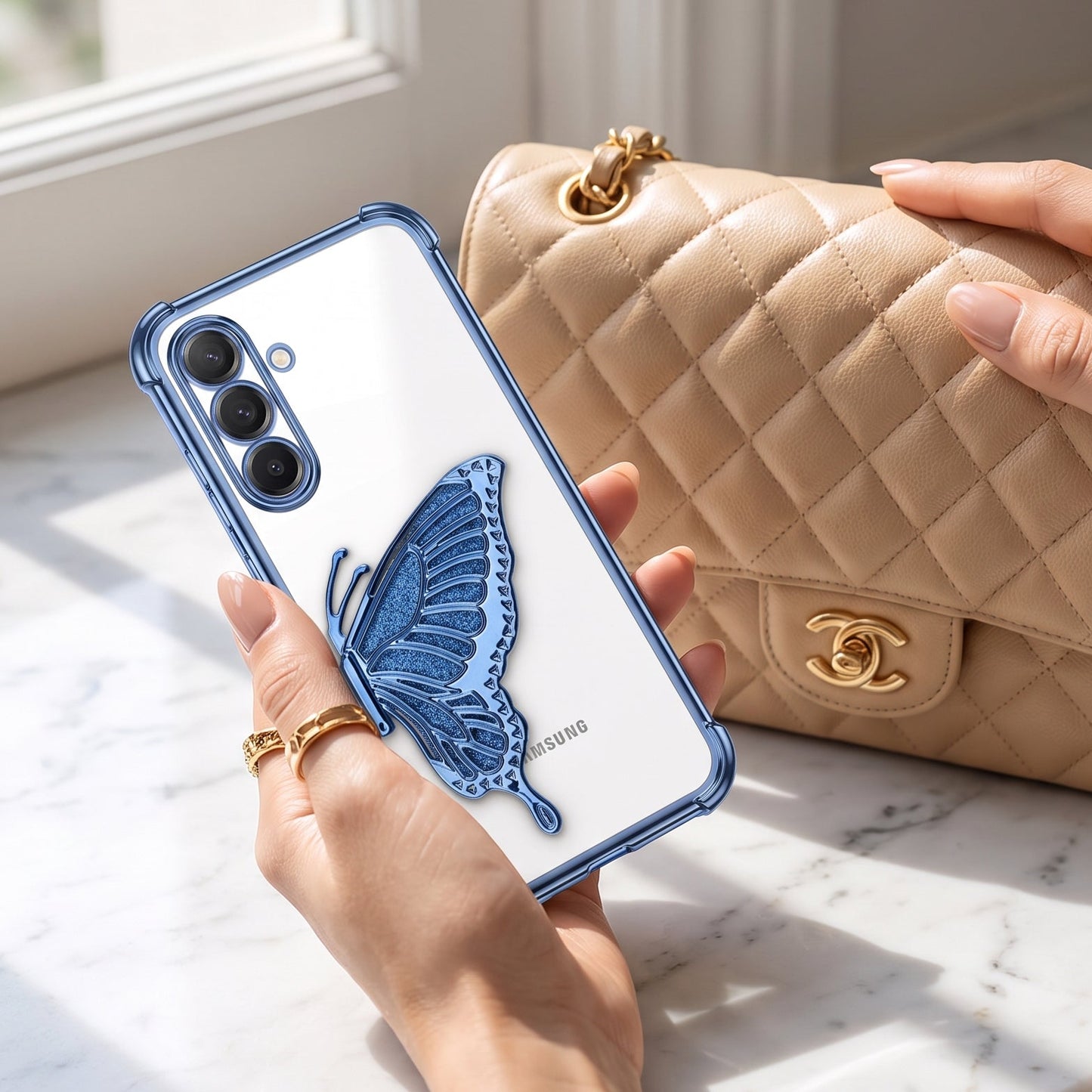 Samsung Galaxy A16 5G Premium Butterfly Glitter Stand Transparent Shockproof Airbag Phone Case