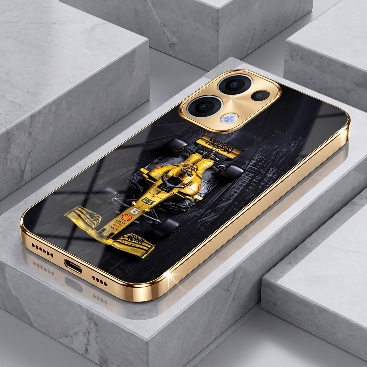 Oppo Reno 13 5G F1 Racing Car Gold Electroplated Glass Phone Back Case