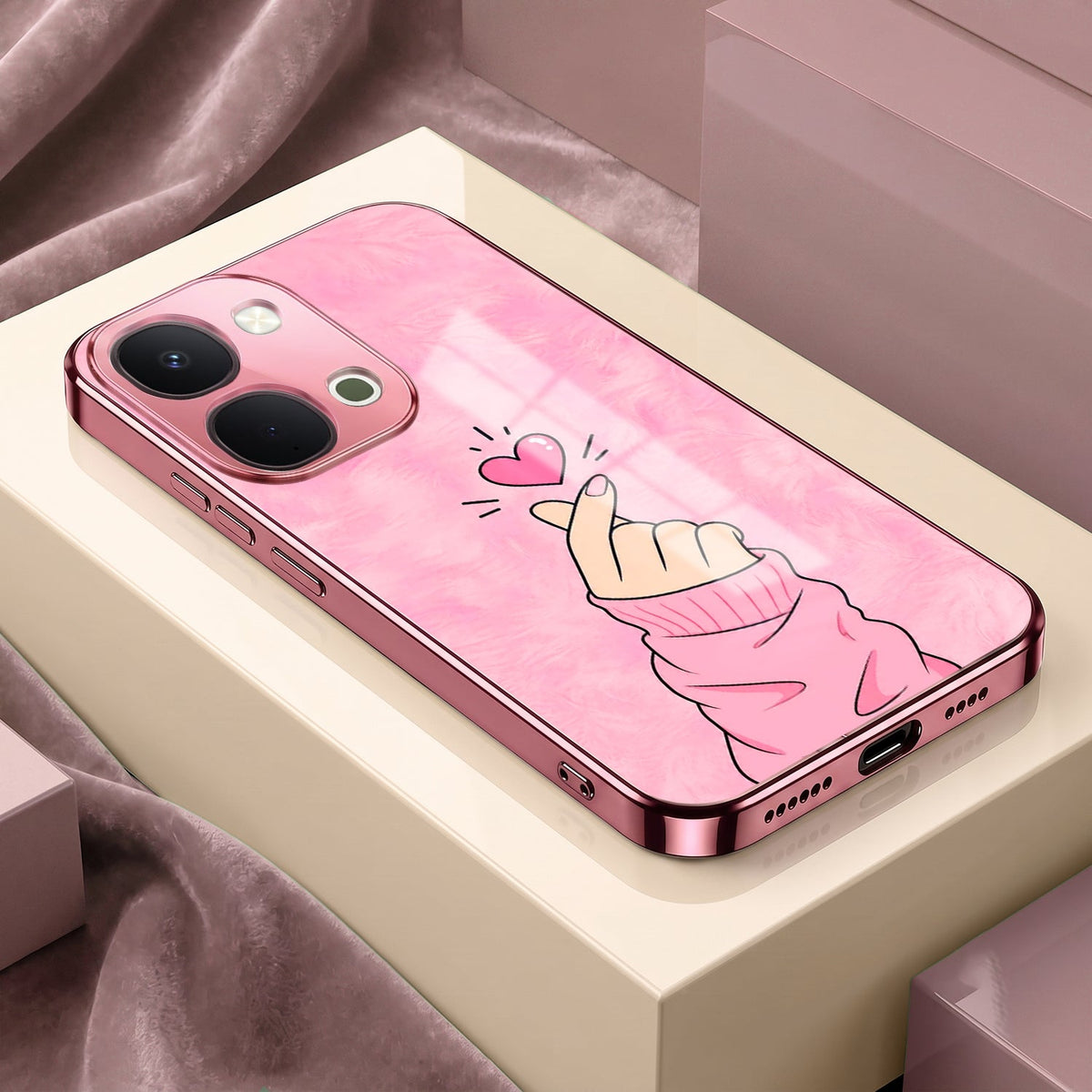 Vivo T5x 5G Luxury Heart Pink Electroplated Glass Phone Back Case