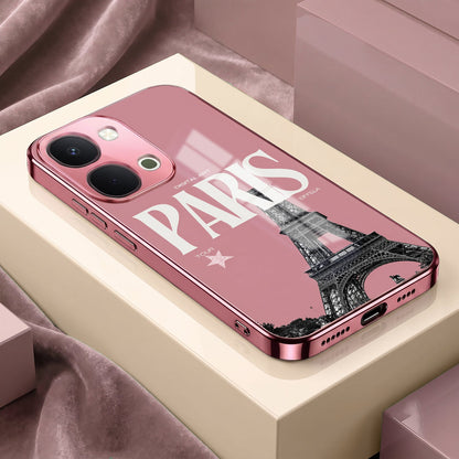Vivo T5x 5G Luxury Paris Tower Pink Electroplated Glass Phone Back Case