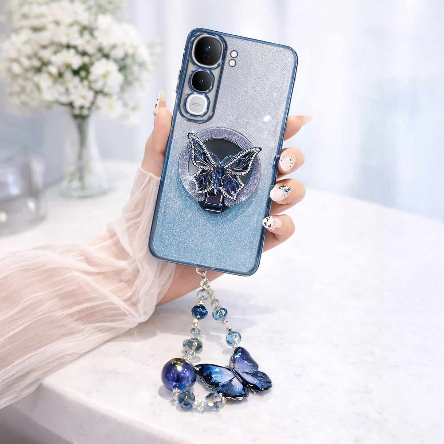 Vivo Y300 5G Stunning Shimmer Electroplating Butterfly Stand Charm Case