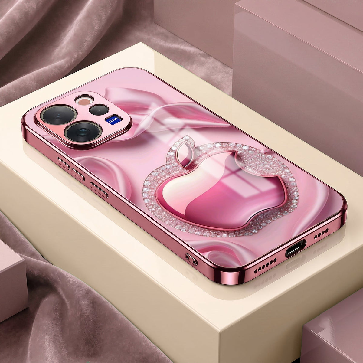 Vivo V70 5G Luxury Apple Logo Pink Electroplated Glass Phone Back Case