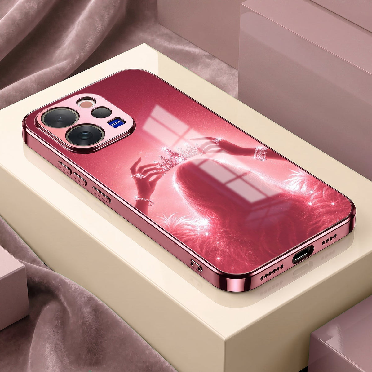 Vivo V70 5G Luxury Crown Queen Pink Electroplated Glass Phone Back Case