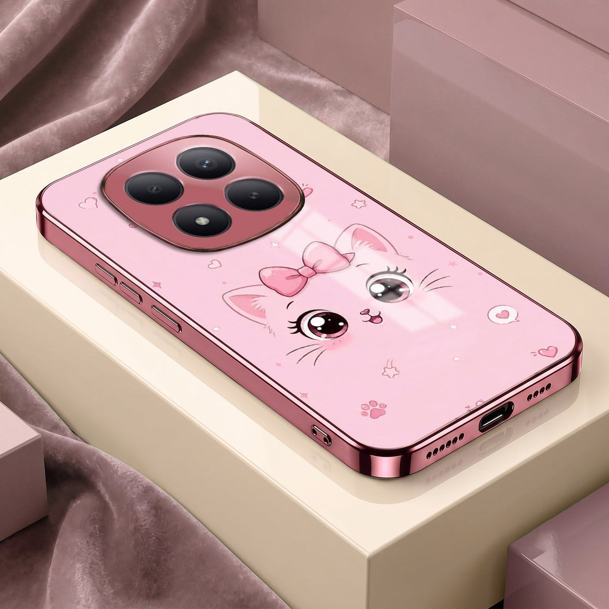 Redmi Note 15 Pro+ 5G Luxury Cute Cat Pink Electroplated Glass Phone Back Case