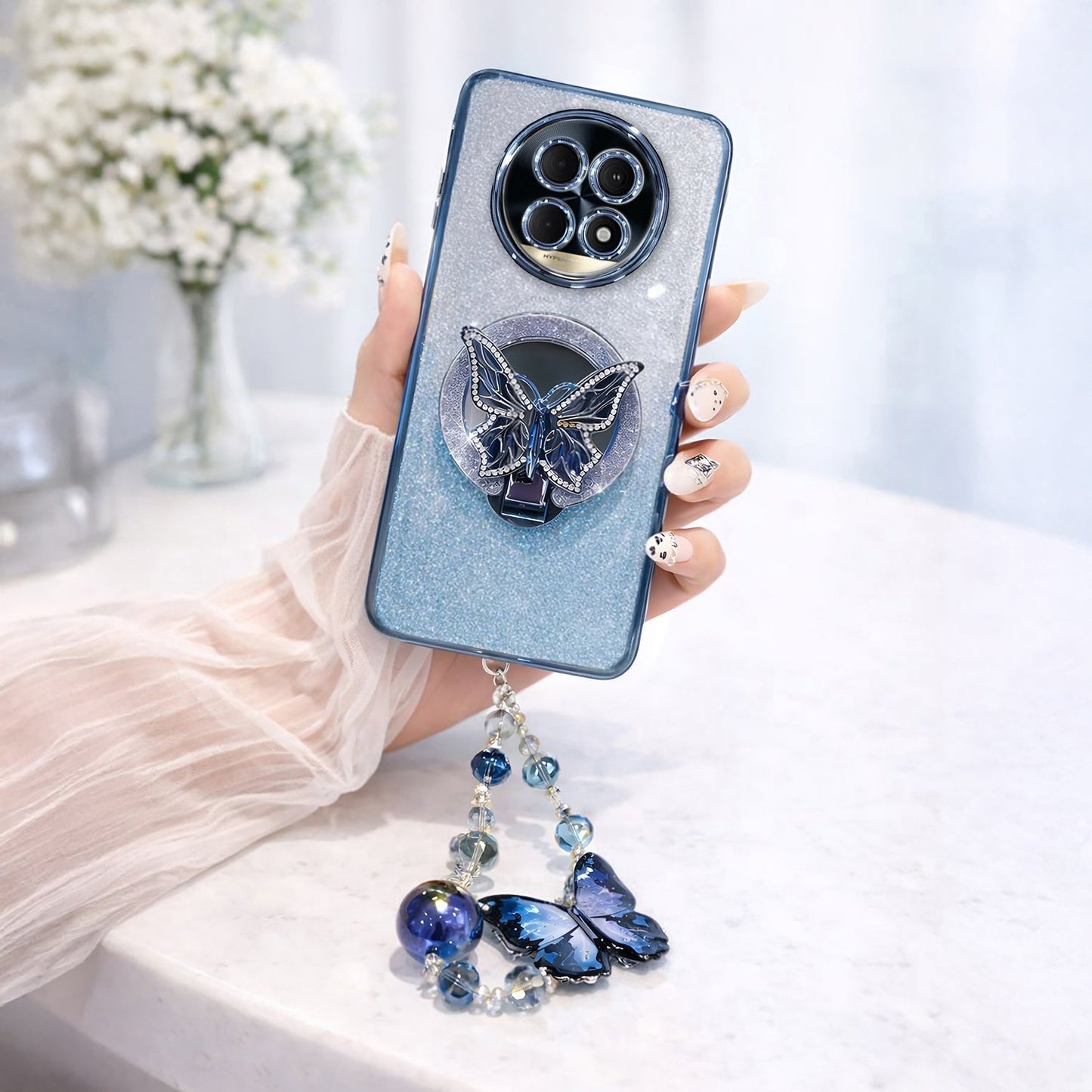Realme 13 Pro+ 5G Stunning Shimmer Electroplating Butterfly Stand Charm Case
