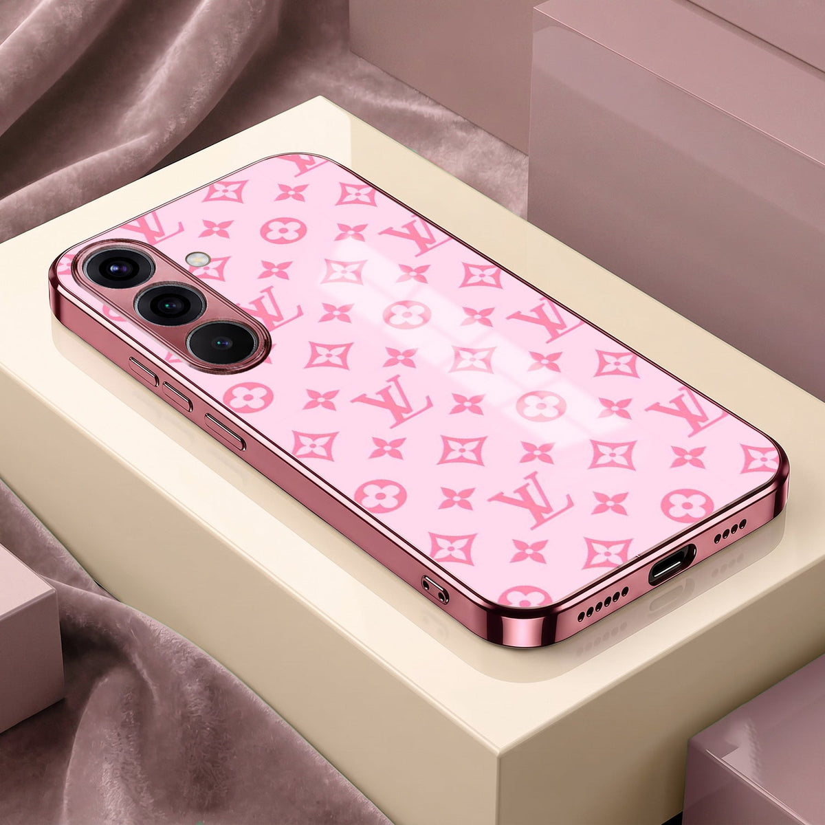 Samsung Galaxy A36 5G Luxury Monogram Pink Electroplated Glass Phone Back Case