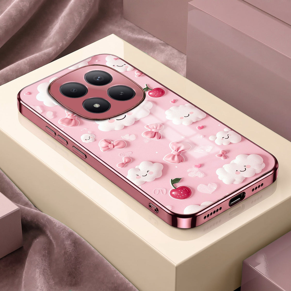 Redmi Note 15 Pro+ 5G Luxury 3D Clouds Pink Electroplated Glass Phone Back Case