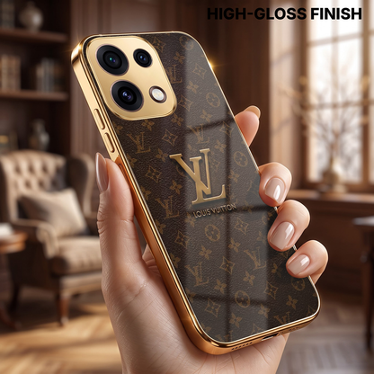 Oppo Reno 16C 5G LV Brown Monogram Gold Electroplated Glass Phone Back Case
