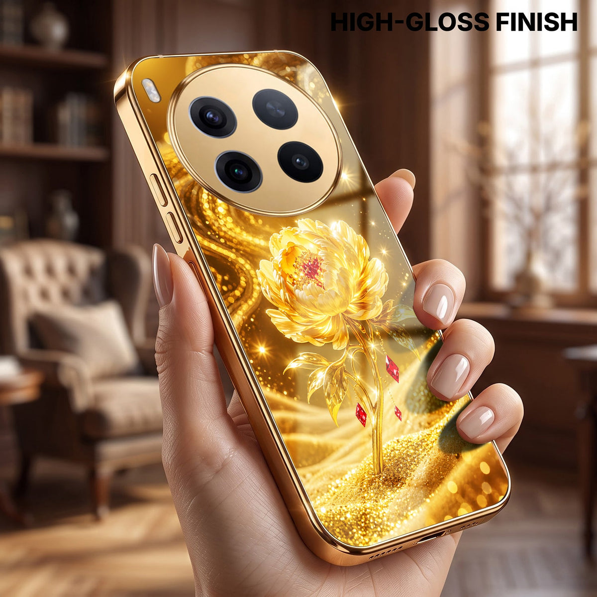 Vivo X300 Pro 5G Golden Rose Elegance Gold Electroplated Glass Phone Back Case