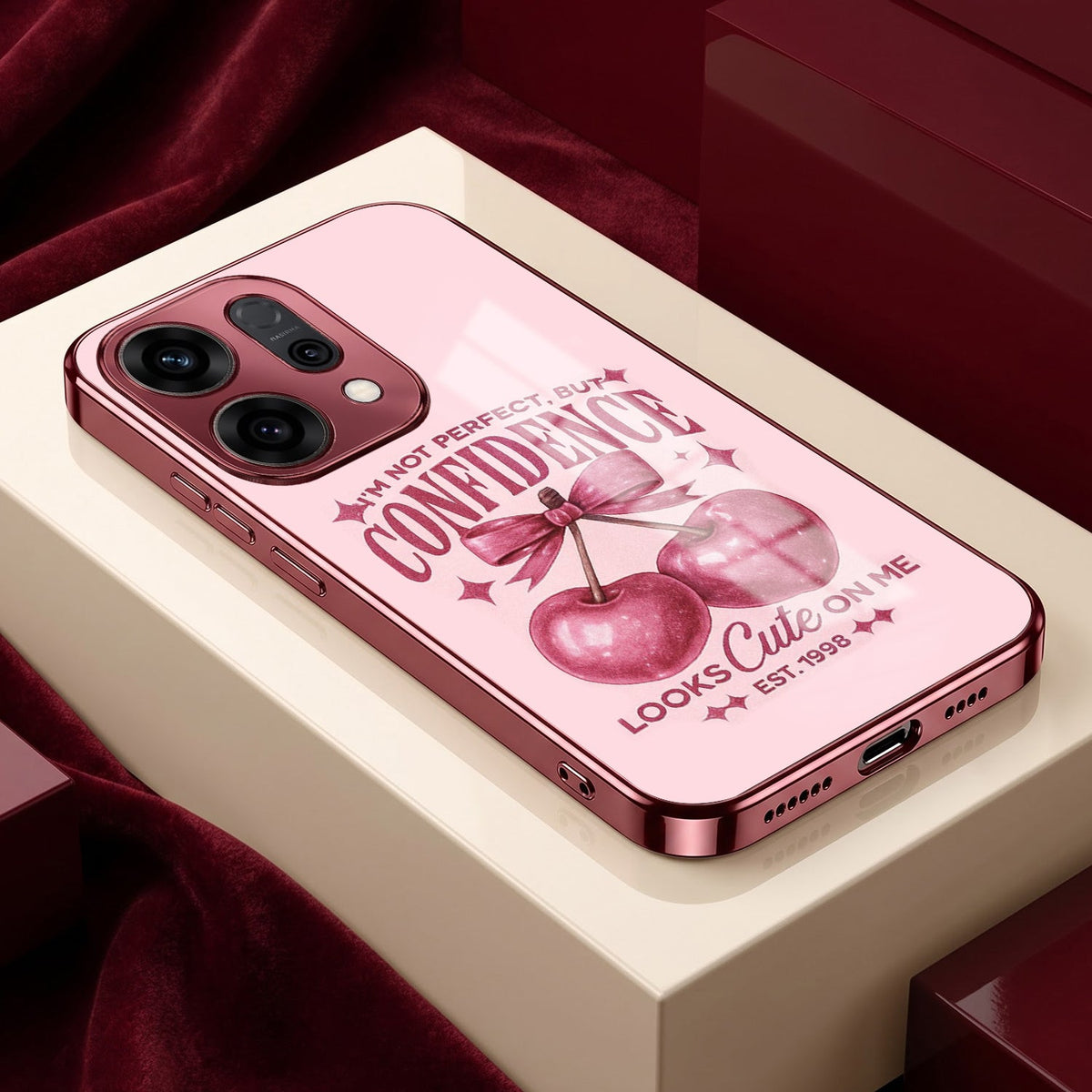 Oppo Reno 14 5G Luxury Cherry Bow Pink Electroplated Glass Phone Back Case