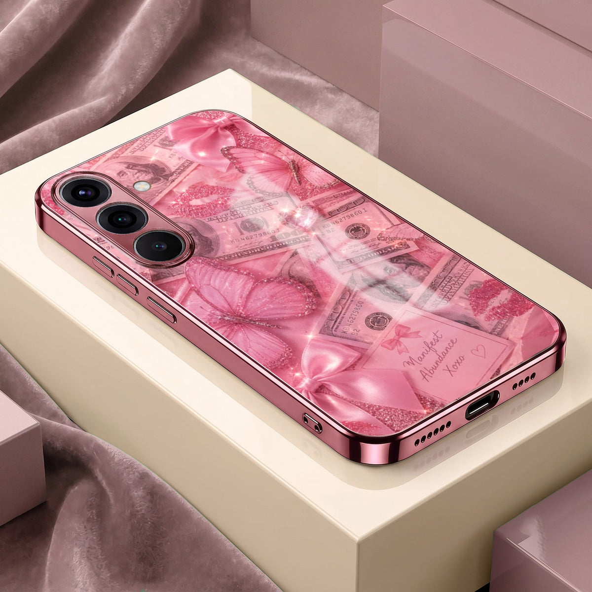 Samsung Galaxy A56 5G Luxury Dollar Butterfly Pink Electroplated Glass Phone Back Case