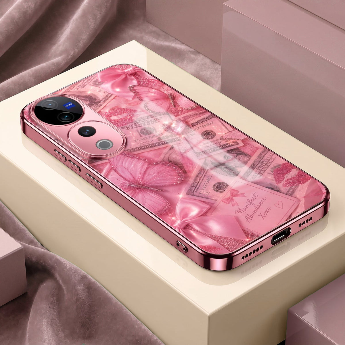 Vivo V40 Pro 5G Luxury Dollar Butterfly Pink Electroplated Glass Phone Back Case