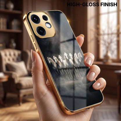 Oppo Reno 16 5G Running Horses Gold Electroplated Glass Phone Back Case