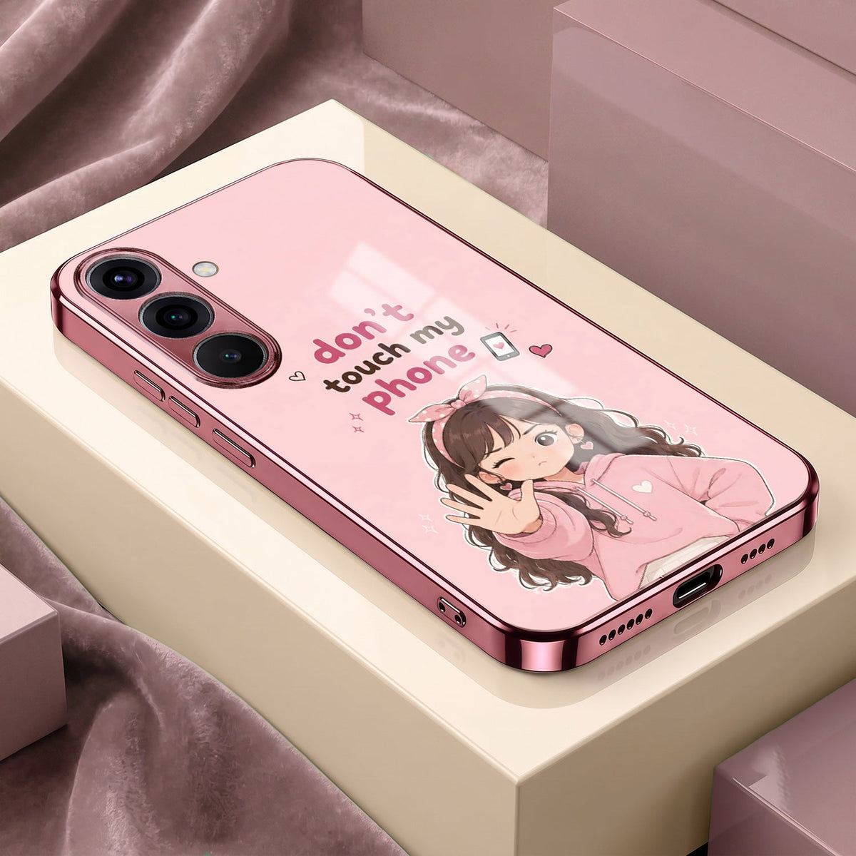 Samsung Galaxy A56 5G Luxury Anime Girl Pink Electroplated Glass Phone Back Case