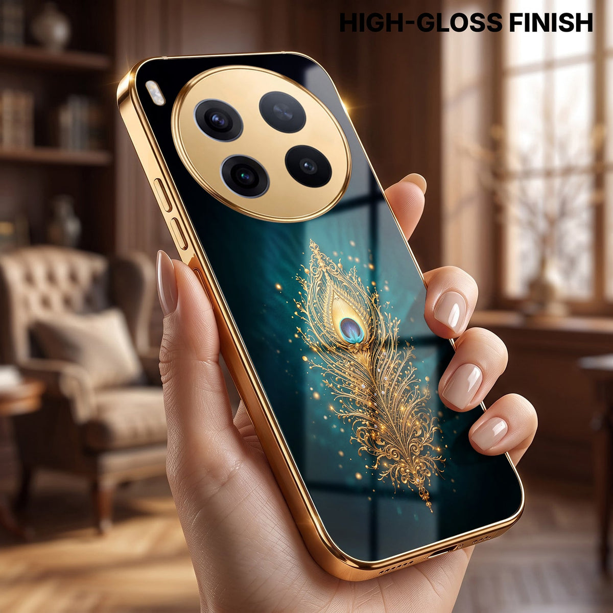 Vivo X300 Pro 5G Golden Peacock Feather Gold Electroplated Glass Phone Back Case