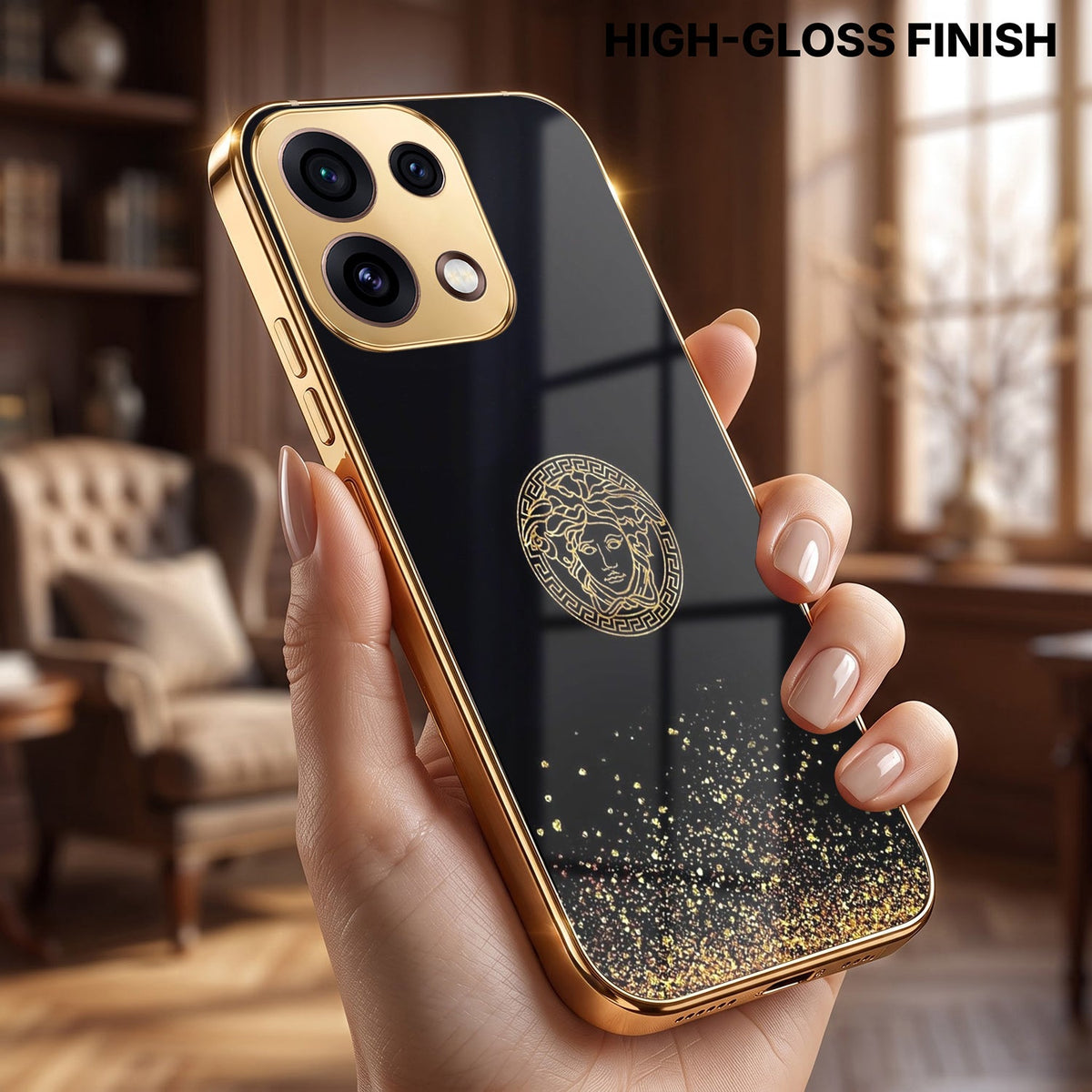 Oppo Reno 16C 5G Medusa Head Gold Electroplated Glass Phone Back Case