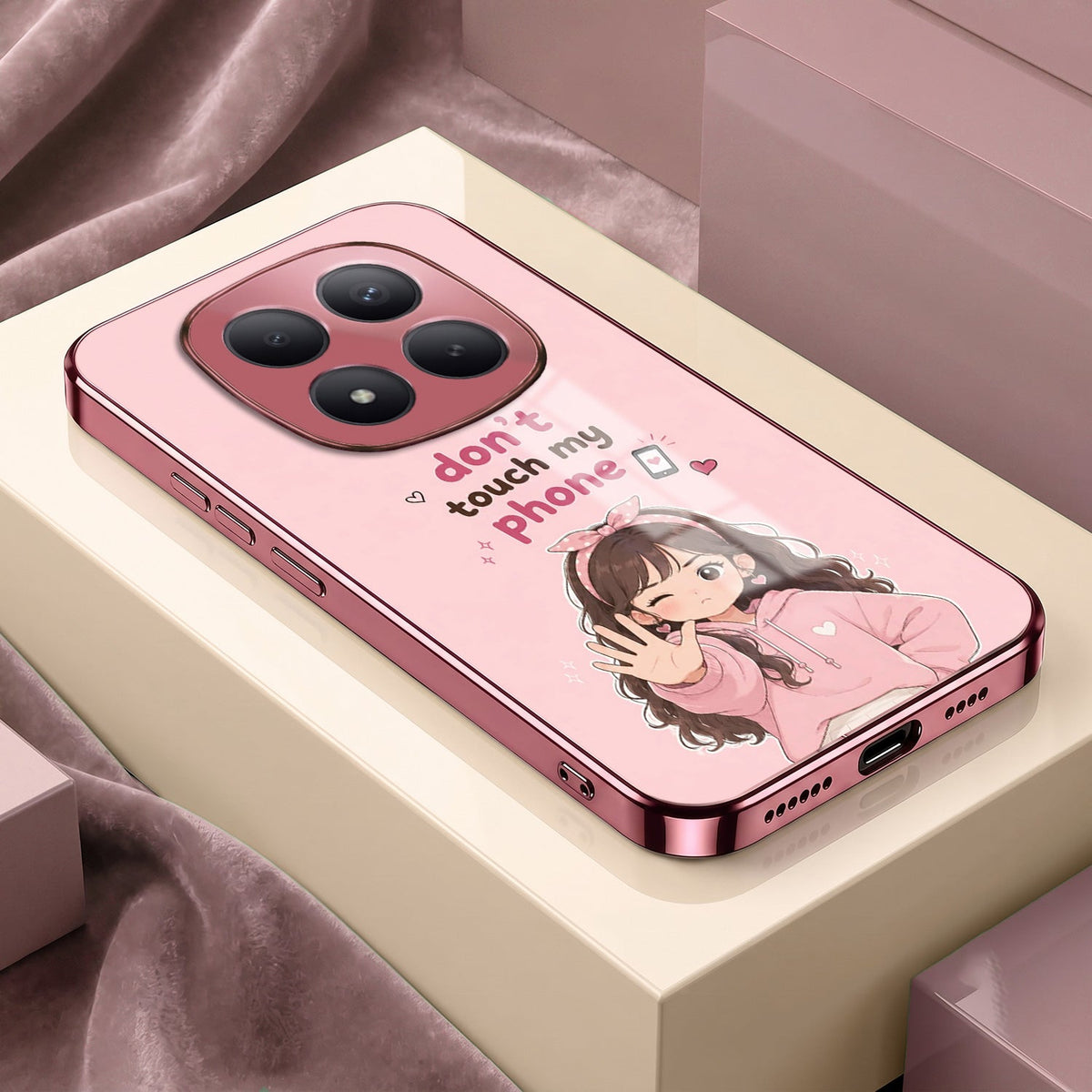 Redmi Note 15 Pro+ 5G Luxury Anime Girl Pink Electroplated Glass Phone Back Case