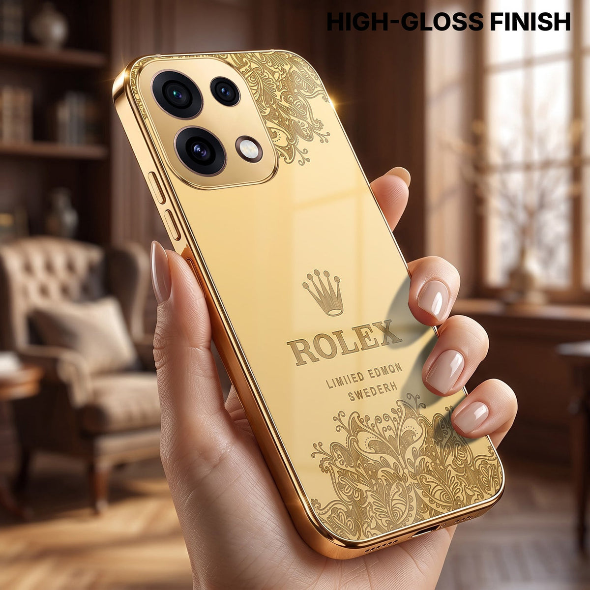 Oppo Reno 16C 5G Rolex Crown Gold Electroplated Glass Phone Back Case