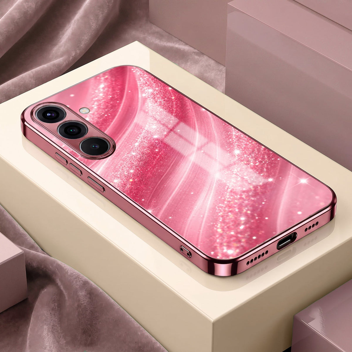Samsung Galaxy A56 5G Luxury Glitter Wave Pink Electroplated Glass Phone Back Case