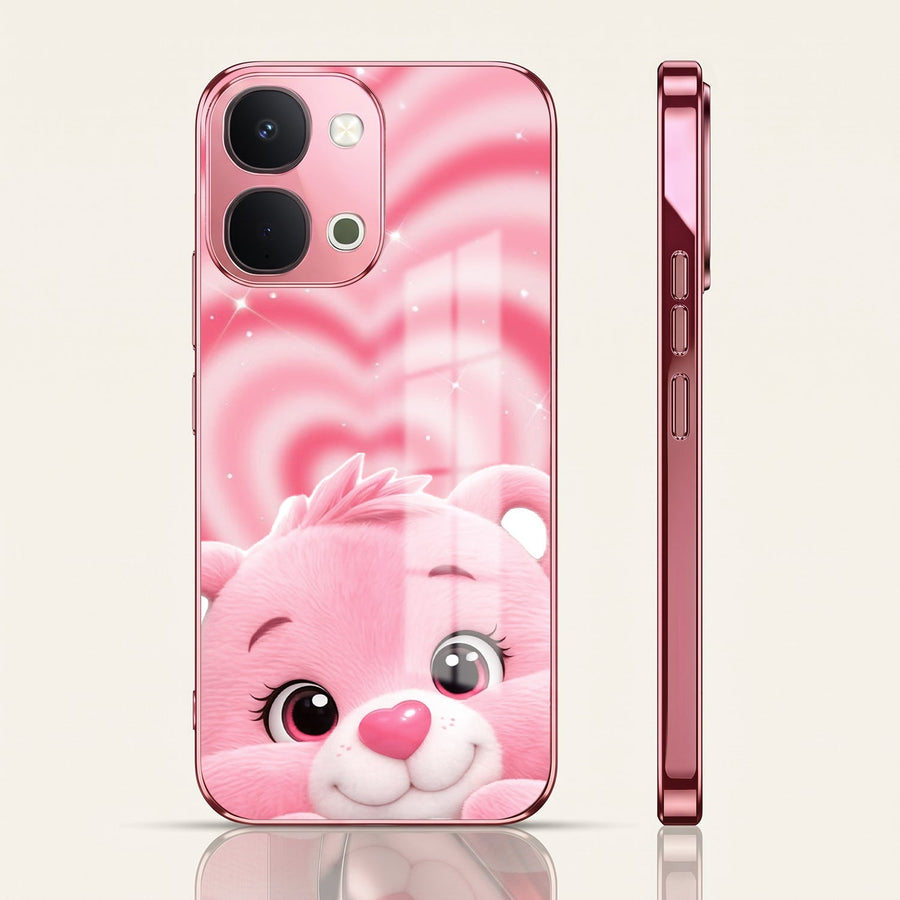 Vivo T5x 5G Luxury Cute Teddy Pink Electroplated Glass Phone Back Case