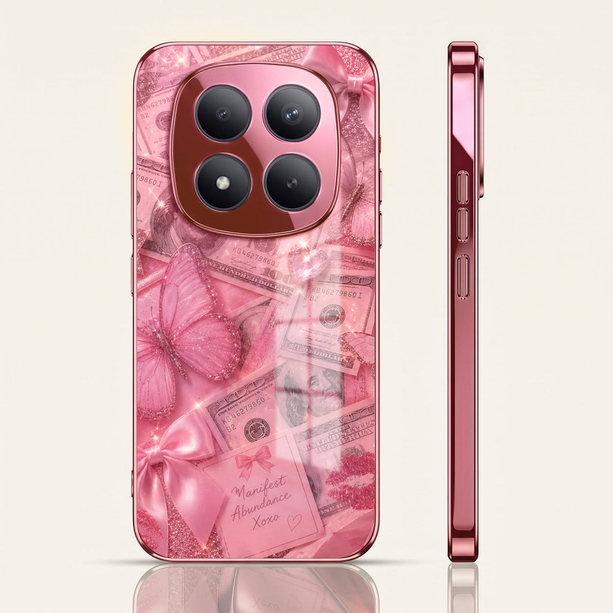 Redmi Note 15 Pro+ 5G Luxury Dollar Butterfly Pink Electroplated Glass Phone Back Case