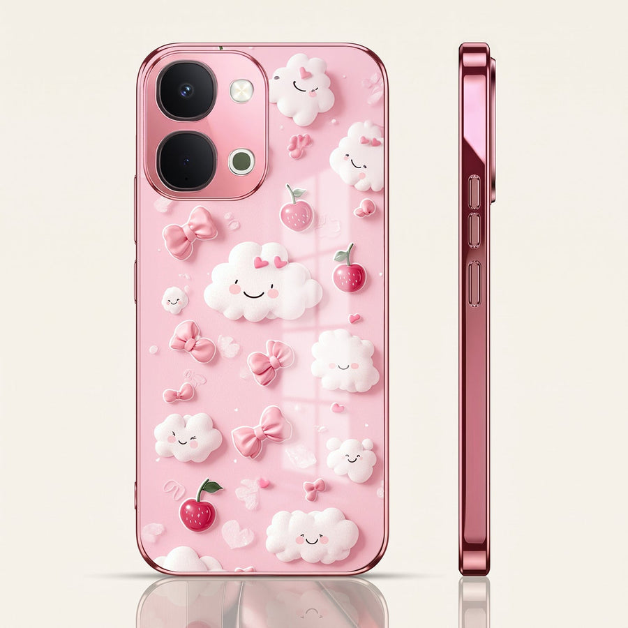 Vivo T5x 5G Luxury 3D Clouds Pink Electroplated Glass Phone Back Case