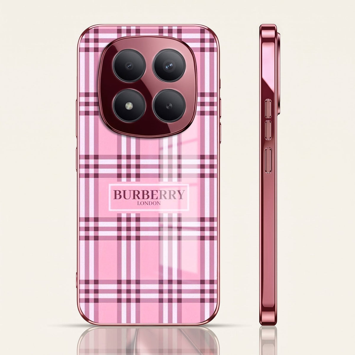 Redmi Note 15 Pro+ 5G Burberry Classic Pink Electroplated Glass Phone Back Case