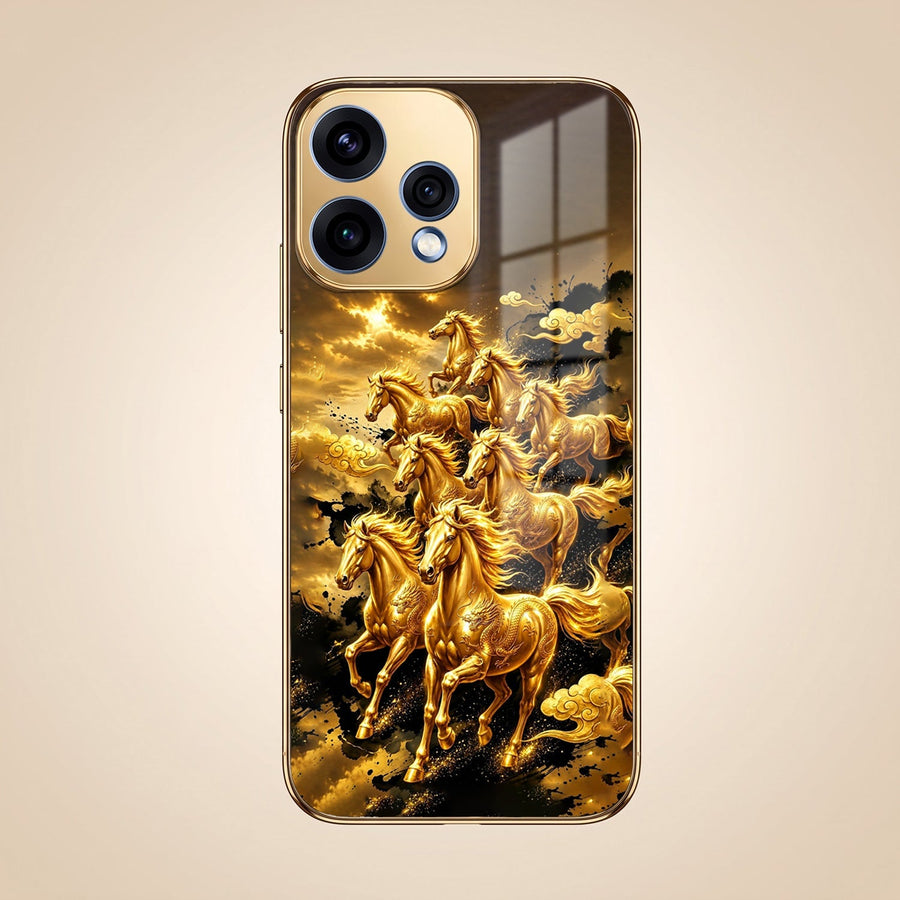 Oppo Reno 15 5G Horses Royal Glory Gold Electroplated Glass Phone Back Case