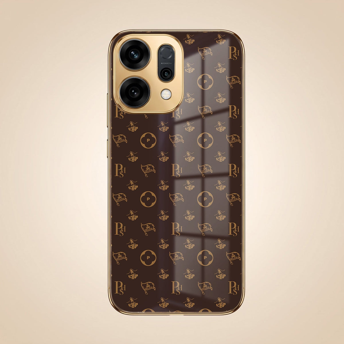 Oppo Reno 13 5G Luxury Monogram Brown Gold Electroplated Glass Phone Back Case