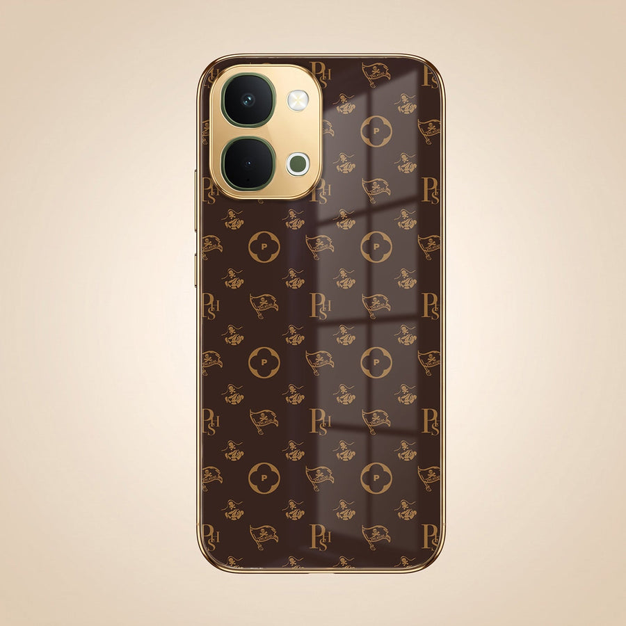 Vivo T5X 5G Luxury Monogram Brown Gold Electroplated Glass Phone Back Case