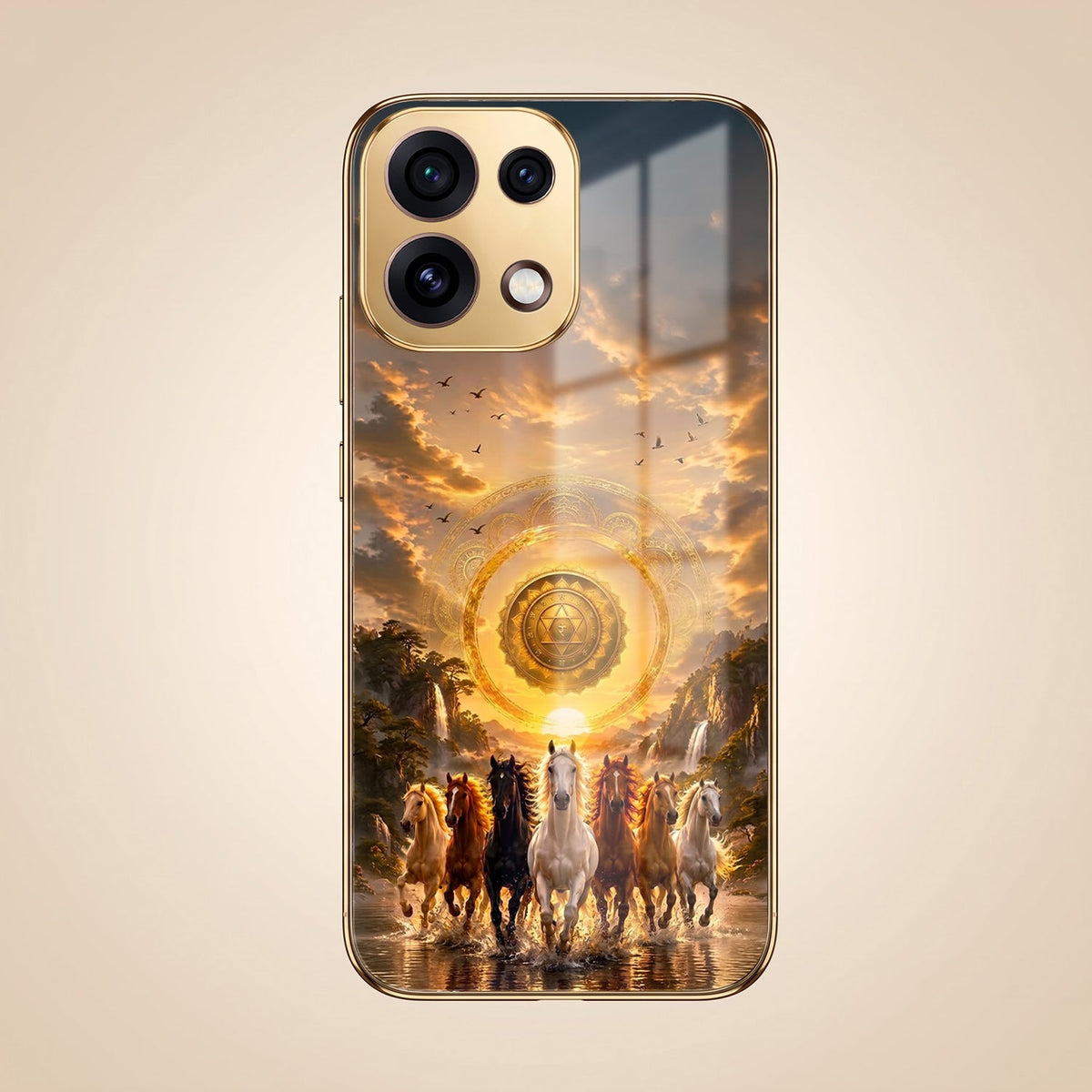 Oppo Reno 16C 5G Celestial Seven Horses Gold Electroplated Glass Phone Back Case