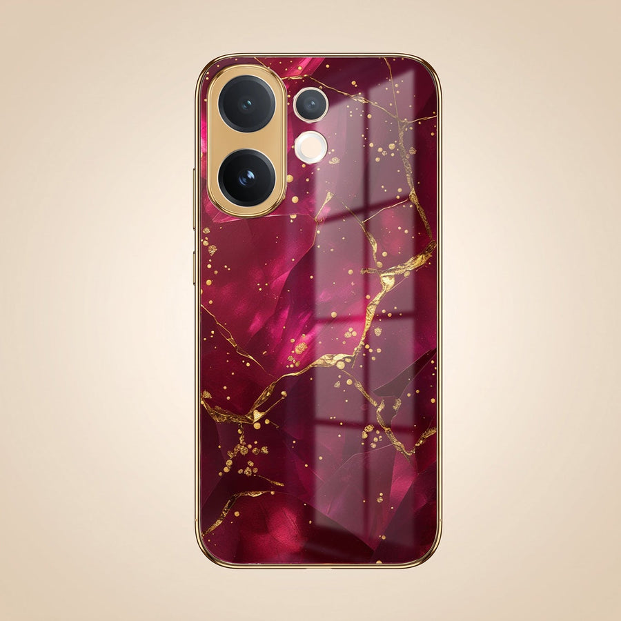 Vivo V60 5G Luxury Crimson Marble Gold Electroplated Glass Phone Back Case