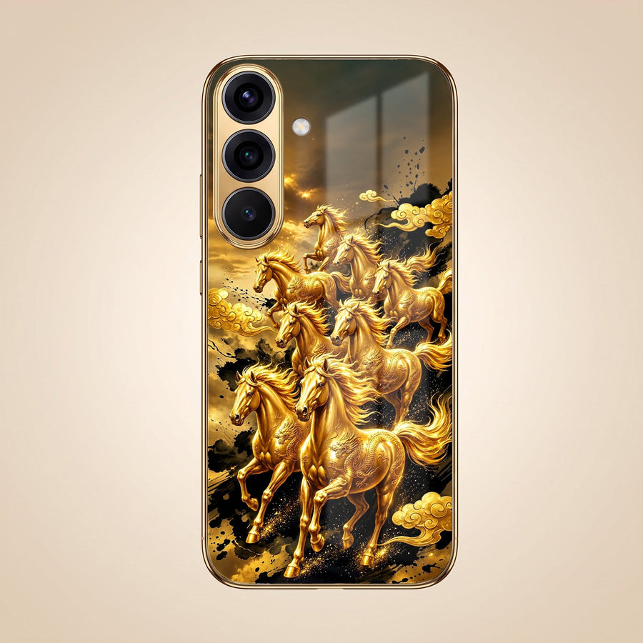 Samsung Galaxy A56 5G Horses Royal Glory Gold Electroplated Glass Phone Back Case