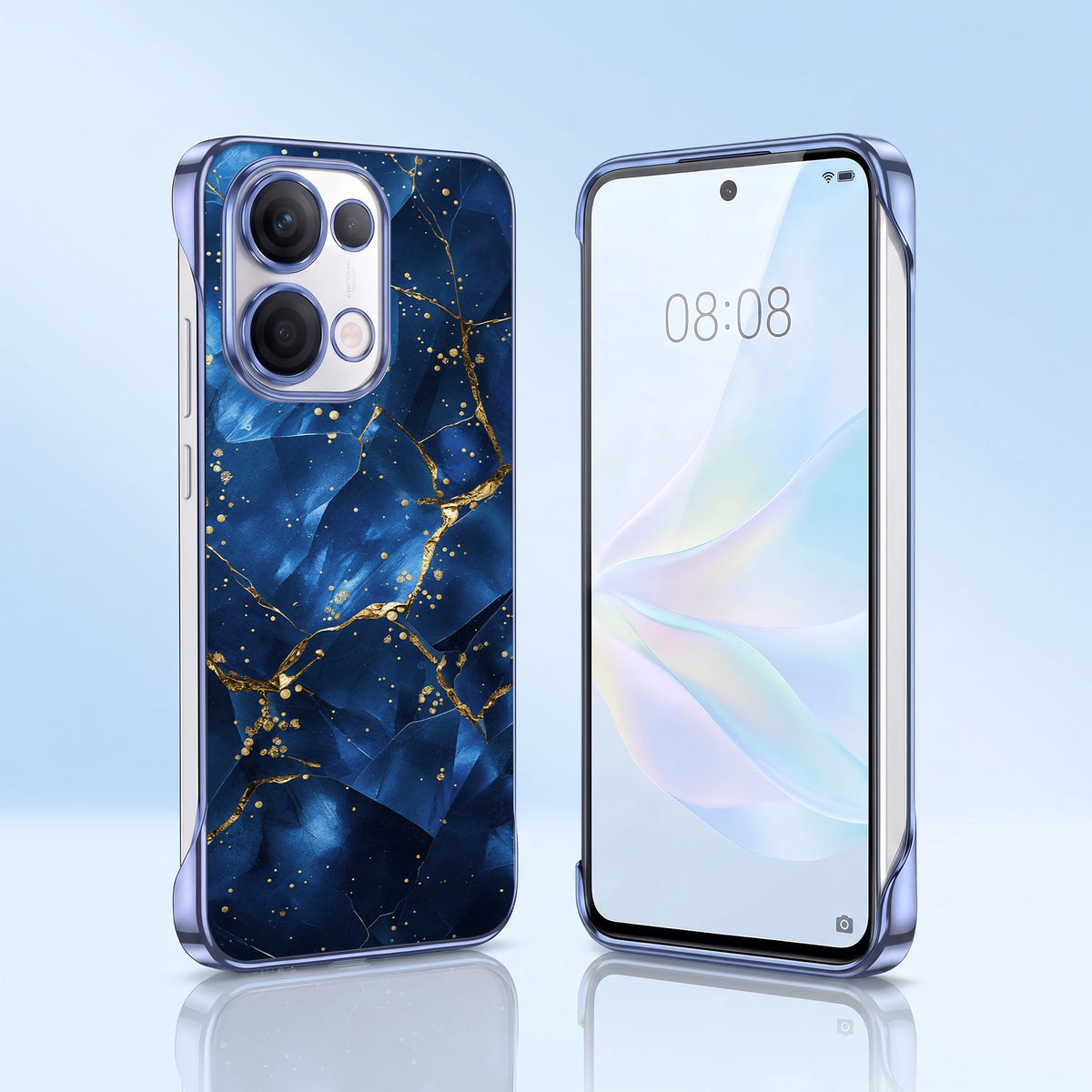 Oppo Reno 13 5G Marbel Gold Blue Printed  Frameless Back Case