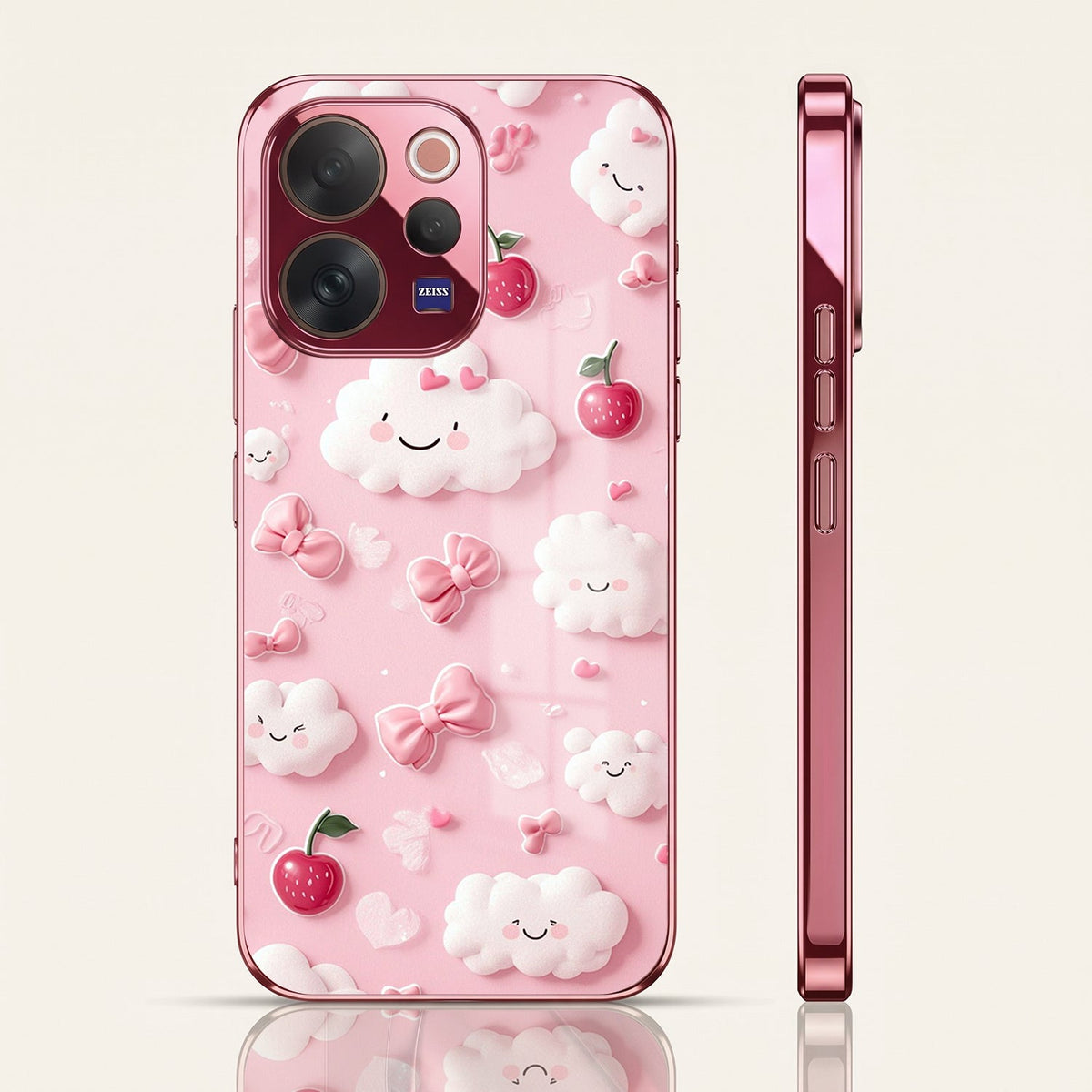 Vivo V70 5G Luxury 3D Clouds Pink Electroplated Glass Phone Back Case