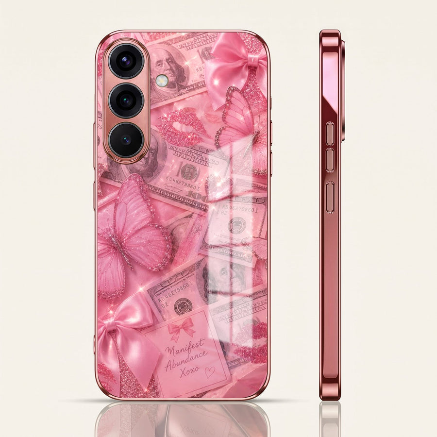 Samsung Galaxy A36 5G Luxury Dollar Butterfly Pink Electroplated Glass Phone Back Case