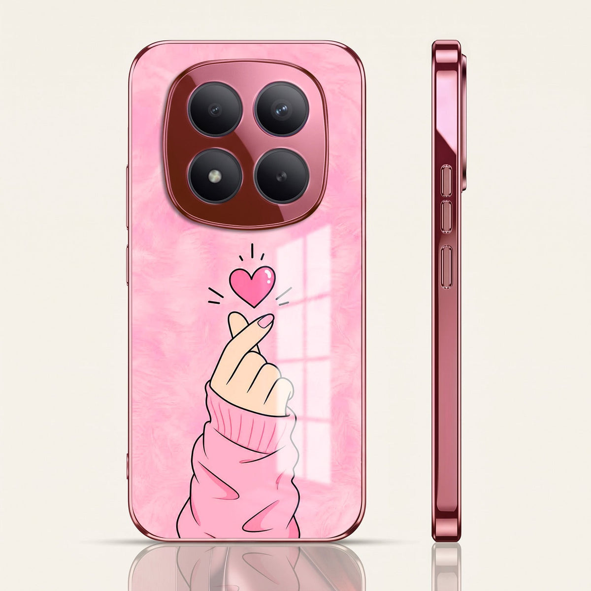 Redmi Note 15 Pro+ 5G Luxury Heart Pink Electroplated Glass Phone Back Case