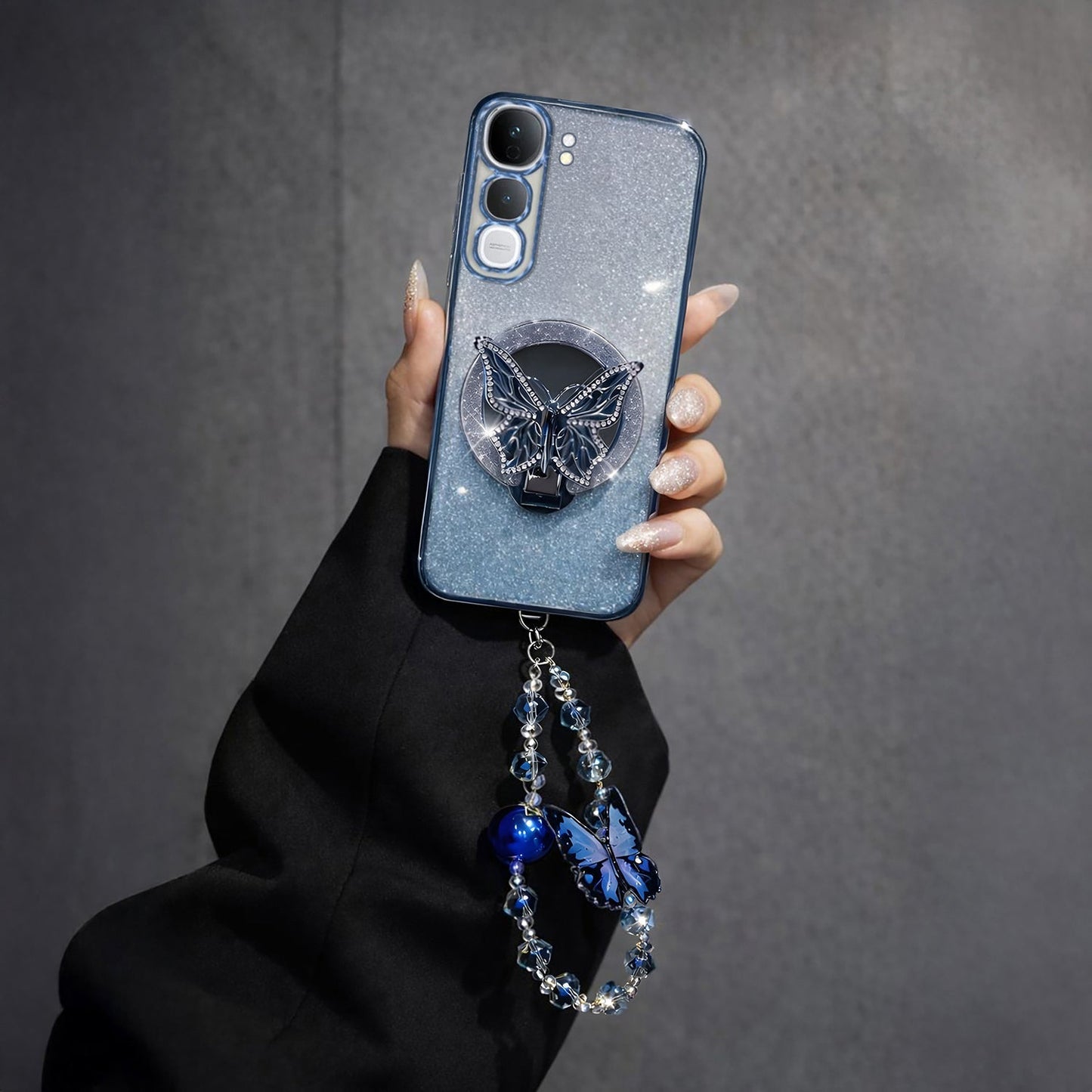 Vivo Y300 5G Stunning Shimmer Electroplating Butterfly Stand Charm Case