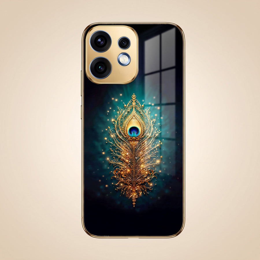 Oppo Reno 16 5G Golden Peacock Feather Gold Electroplated Glass Phone Back Case