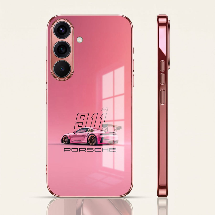 Samsung Galaxy A56 5G Luxury Porsche 911 Pink Electroplated Glass Phone Back Case